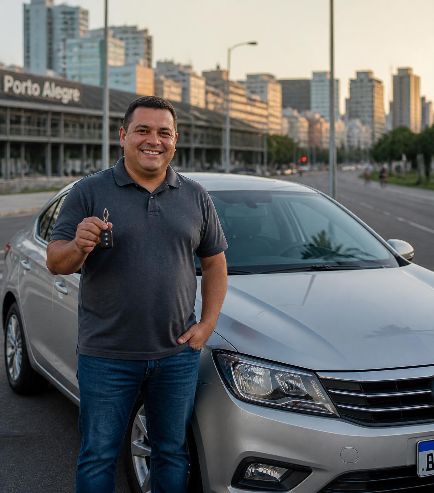 Motorista de aplicativo feliz ao lado do carro alugado pela ImobCar em Porto Alegre
